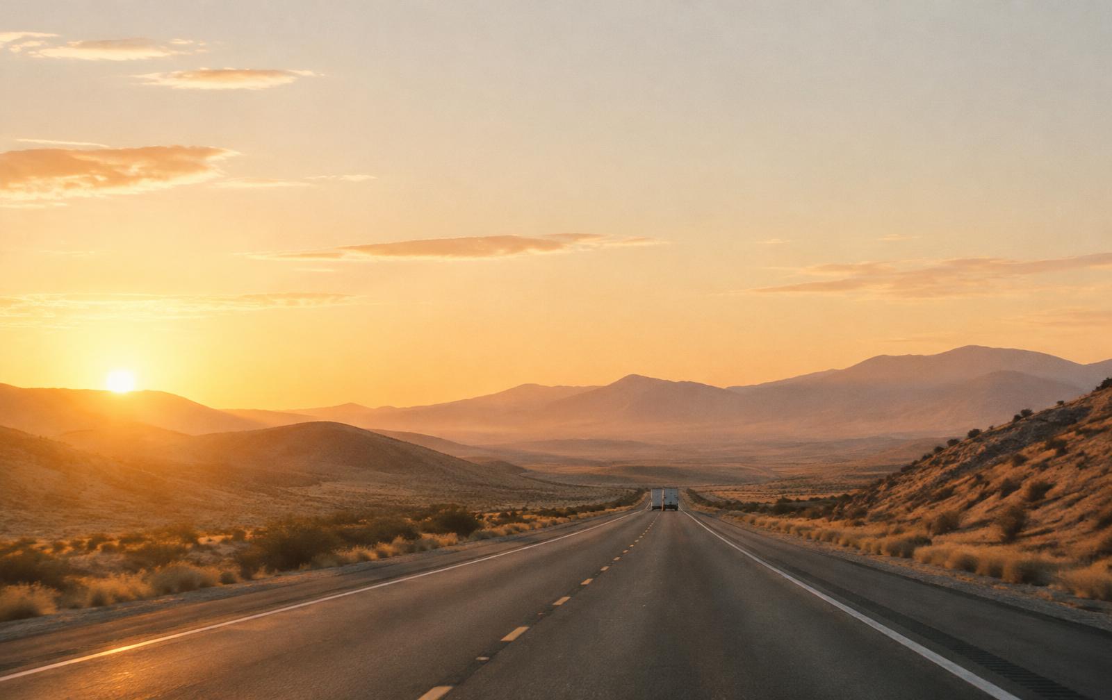 An open highway leading east out of California at sunrise